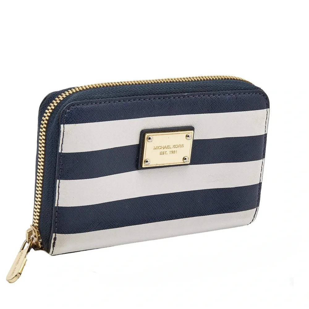 Michael Kors Blue White Leather Striped Zip Around Wallet